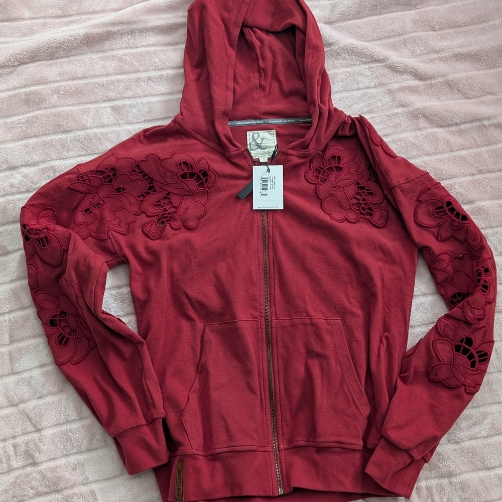 AMPERSAND AVE Red Floral Cutout Zip Hoodie